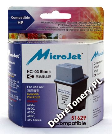 Tusz zamiennik nr 29, HC-03 do HP DeskJet 600 660C 670C 690C 695C, pasuje zamiast HP 51629AE Black, 40 ml Tusz zamiennik nr 29, HC-03 do HP DeskJet 600 660C 670C 690C 695C, pasuje zamiast HP 51629AE Black, 40 ml