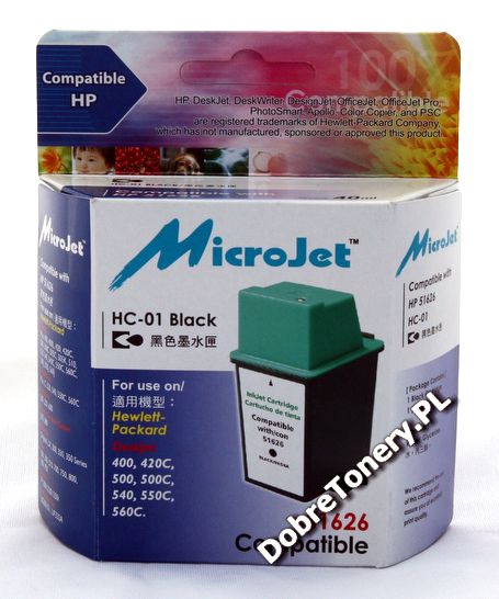 Tusz zamiennik nr 26, HC-01 do HP DeskJet 400 400L 420C 500 500C 510 520 540 550C 560C, pasuje zamiast HP 51626AE Black, 40 ml Tusz zamiennik nr 26, HC-01 do HP DeskJet 400 400L 420C 500 500C 510 520 540 550C 560C, pasuje zamiast HP 51626AE Black, 40 ml