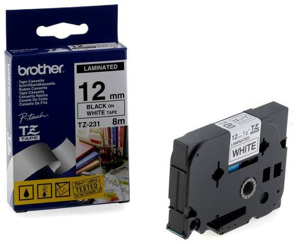 Taśma Brother biała z czarnym nadrukiem TZE231= TZ231, 12 mm Taśma Brother biała z czarnym nadrukiem TZE231= TZ231, 12 mm